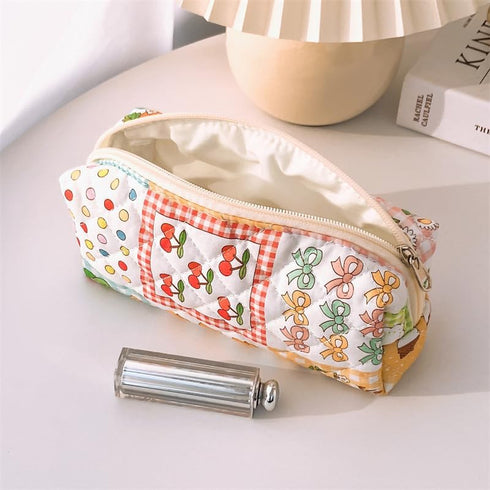 Pencil Case Quilted Coquette Floral Large Small Cute Pencil Case Makeup Bag College Student Pencil Pouch, Cute Ice Cream Cherry Lightweight Coquet...