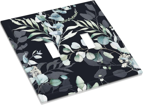Decorative Switch Plate Covers Boho Black Grey Eucalyptus Leaf Floral 2 Gang Double Toggle Light Switch Cover Electric Wall Plate Dual Device Elec...