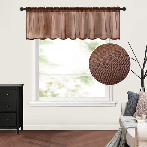 MIULEE Solid Chocolate Brown Kitchen Sheer Valance Linen Look Window Curtain, Living Room Windows Voile Valance Rod Pocket 1 Panels (60" W x 18" L...