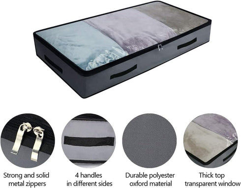 AMJ Foldable Underbed Bags - Pack of 2, Transparent Zip Lid Under Bed Storage Bags for Bedroom Wardrobe, Washable, Dark Gray...