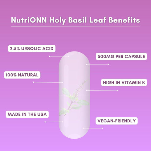 Holy Basil Leaf Capsules - 500mg - 2.5% Ursolic Acid - 120 Vegan Capsules - Real Tulsi Extract Supplement - Positive Mindset - Adaptogenic & Ayurv...