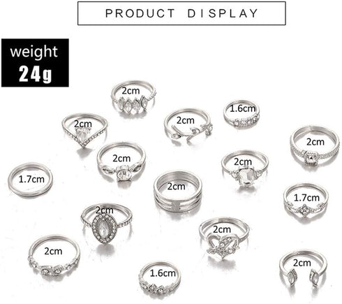 15 Pcs Bohemian Stackable Joint Knuckle Ring Set Crystal Heart Finger Ring Sparkling Rhinestone Midi Rings for Women...