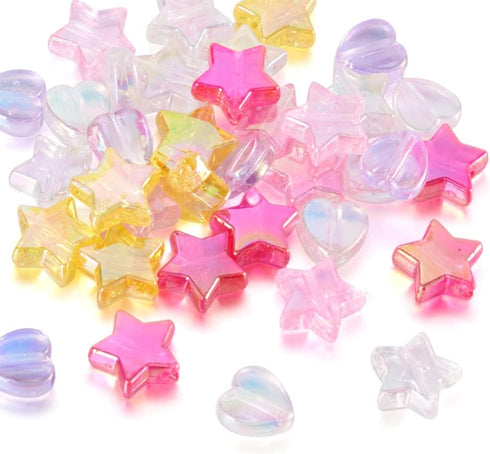Cheriswelry 110pcs Crystal AB Acrylic Star Heart Beads Mixed Colorful Plastic Heart Star Loose Pony Beads Spacers for DIY Rainbow Bracelet Keychai...