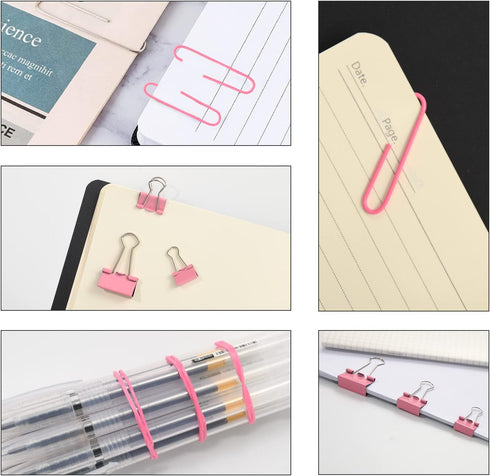 Pink Binder Clips Paper Clips,380 PCS Assorted Sizes Paperclips Paper Clamps Rubber Bands for Files, Papers, Home Supplies (Pink)...