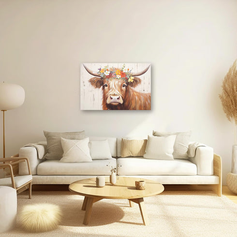 CXHOSTENT Highland Cow Canvas Wall Art Animal Painting Wall Decor Rustic Cattle and Flower Picture Print Farmhouse Kitchen Decor Frame (Highland C...