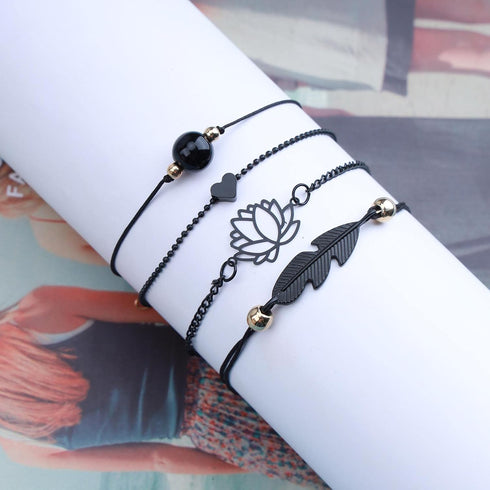 4Pcs Anklet Bracelet for Women Black Leaf Bead Braided Cord Anklet Dainty Hollow Lotus Heart Ankle Chain Summer Beach Foot Jewelry for Teen Girls...
