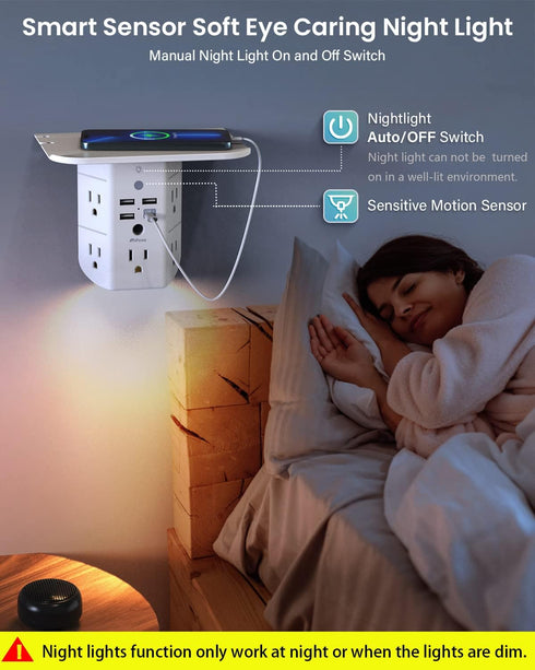 Wall Outlet Extender with Shelf and Night Light,Surge Protector,USB Wall Charger with 5 AC Outlets and 3 USB Ports 1 USB C Outlet Wide Space 3-Sid...