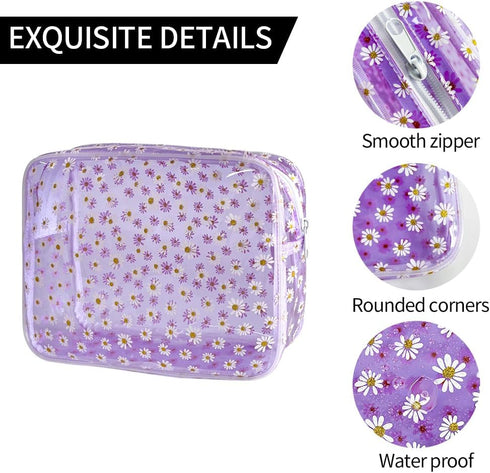 3pcs Clear Makeup Bags,Transparent Women Cosmetic Bag with Zipper,Daisy Beauty Case,Make Up Organizer Storage,Bath Toiletry Wash Bag...