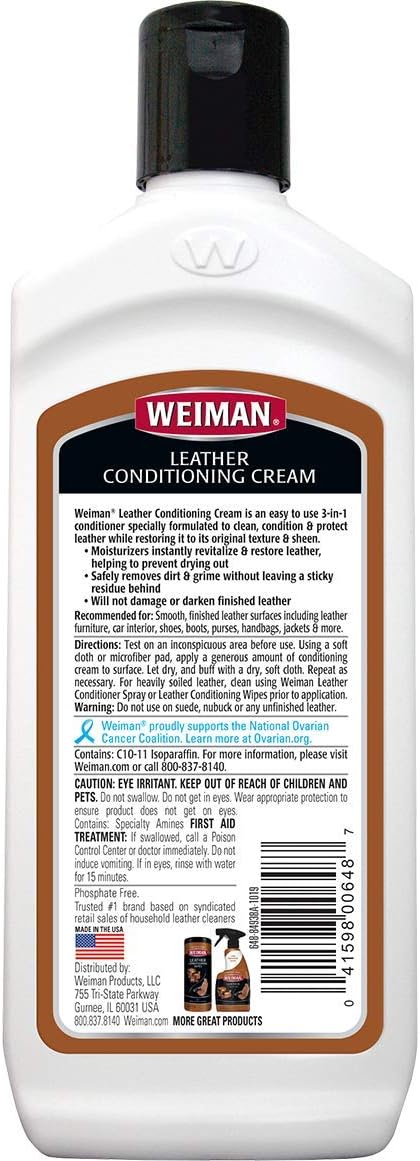 Weiman 3 in 1 Deep Leather Cleaner & Conditioner Cream - Restores Leather Surfaces - Use on Leather Furniture, Car Seats, Shoes, Bags, Jackets, Sa...