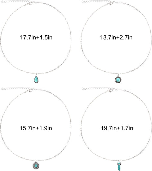 Turquoise Necklaces 12Pcs Turquoise Jewelry Set Include 4Pcs Turquoise Layered Necklaces 8Pcs Turquoise Stacking Knuckle Rings for Women (Silver)...