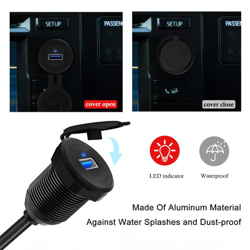 USB 3.0 Car Mount Flush Cable with LED Indicator Single Port, USB3.0 Male to Female Extension for Car Truck Boat Motorcycle Dashboard Panel 3ft...