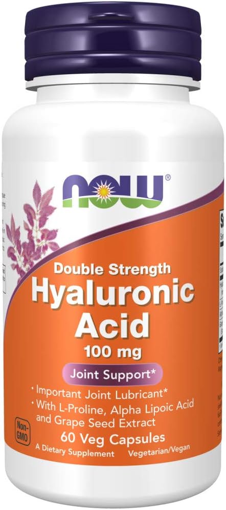 NOW Supplements, Hyaluronic Acid 100 mg, Double Strength with L-Proline, Alpha Lipoic Acid and Grape Seed Extract, 60 Veg Capsules...