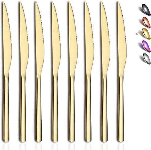 HOMQUEN Gold Steak Knives, 8 Piece Premium Stainless Steel Steak Knife Set, Meat Knife Sets, German Steak Knives Serrated, Tomato Knife, For Home,...
