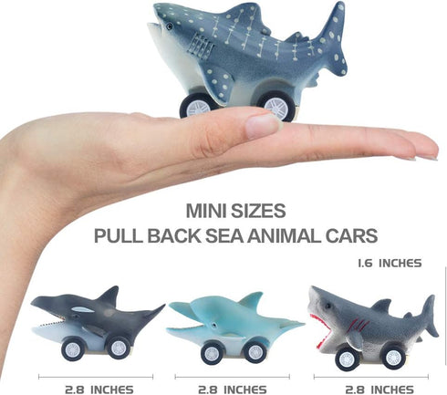 DINOBROS Sea Animal Pull Back Toy Cars Playset Ocean Game Set of 12Pcs Great White Shark Dolphin Killer Whale Toys for boys and toddlers 3 Year Ol...