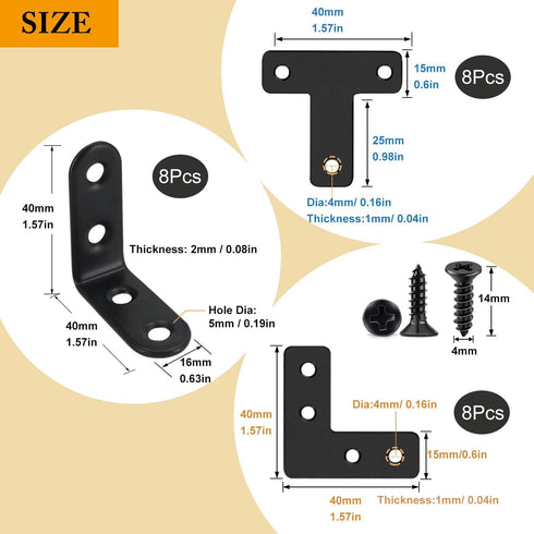24 Pack L Bracket Corner Brace Sets, 1.57x1.57 Inch Black Stainless Steel 90 Degree Right Angle Brackets Fastener L Braces with 88 Screws for Wood...