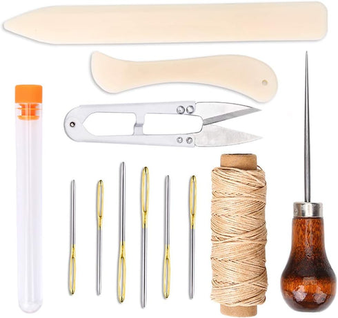 WONVOC 12 Pcs Bookbinding Tools Kit, Bone Folder Paper Creaser, Sewing Awl Tool, Waxed Thread, Large Eye Needles, Scissors for Leathercraft Bookbi...