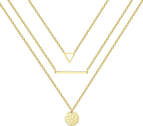 Harlorki Dainty Simple 14K Gold Plated Layered Link Chain Choker Triangle Bar Hammered Disk Pendant Necklace Fashion Jewelry Gift for Women Lady...