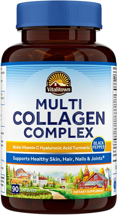 VITALITOWN Multi Collagen Complex, Type I, II, III with Biotin, Vitamin C, Hyaluronic Acid, Turmeric, Black Pepper for Skin, Hair, Nails & Joints,...