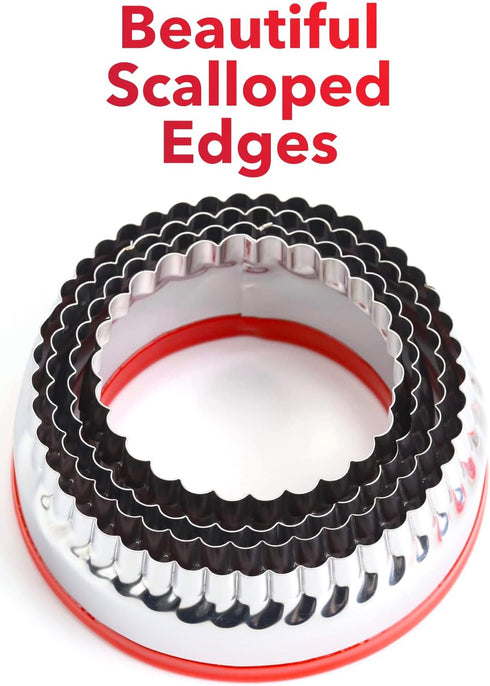 4-Pieces Fluted Round Cookie Cutters, Metal Circle Biscuit Cutters Set, Wave Cookies Cutter with Fluted Edge, Unique Design with Protective Red To...