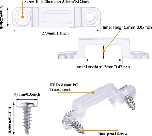 Qunclay 300 Pack Strip Light Mounting Brackets LED Clear Clips Outdoor Fixed Clips LED Tape Clamp with Screws for 12 mm Wide IP67/68 Strip Lights ...