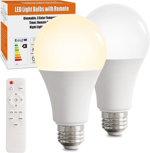 2Pack A19 LED Light Bulbs with Remote Control, 9W 800LM Smart Cordless Light Bulb 60W Equivalent, 3000K-6000K Dimmable E26 Led Bulb with Timing/Me...