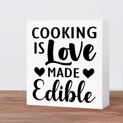 Kitchen Wood Box Signs,Cooking is Love Made Edible Kitchen Wood Block Signs with Sayings for Kitchen Table Decor,Funny Kitchen Sign Decor for Shel...