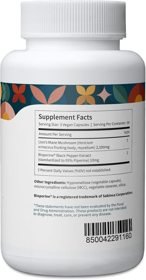 Pattern Wellness Lion's Mane Supplement - Brain Health SuperFood Mushroom - Cognitive & Cell Support - 3rd Party Lab Tested - 90 Vegan Capsules...
