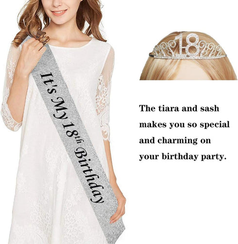 18th Silver Birthday Tiara and Sash Glitter Satin Sash and Crystal Rhinestone Tiara Crown for Happy 18th Birthday Party Supplies Favors Decoration...