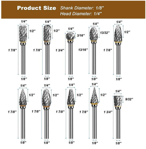 10PCS Carbide Double Cut Carving Burr Bits with 1/8” Shank Rotary Tool Accessories for Aluminum 3mm Shank Fits Die Grinder Drill for Woodworking,D...