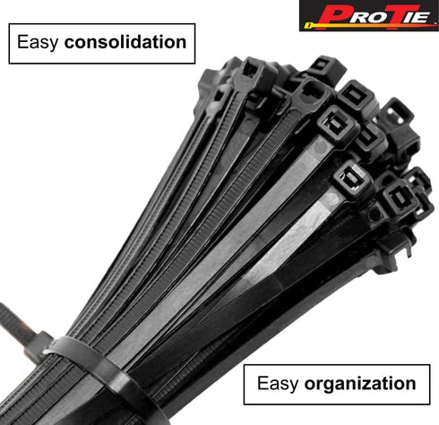 Pro Tie Standard Duty, Self-Locking UV Nylon Cable Wire Ties for Indoor and Outdoor Use | 8-Inch, 50 lbs. Tensile Strength, UV Black Nylon, 100-Pa...