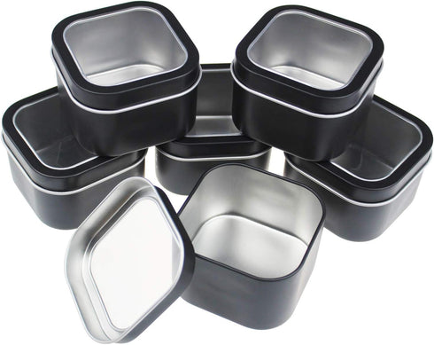 6-Pack 8oz Empty Square Metal Tins with Clear Window for Candle Making, Candies, Gifts & Treasures, Black...