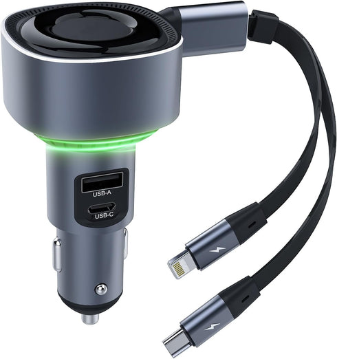 4-in-1 Retractable Car Charger, 60W Ultra-Fast Charging Car Charger, Car Adapter with 40-inch Type C/Lighting Charging Cable, Compatible with iPho...