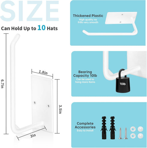 4 Pack Hat Hooks for Wall, Strong Adhesive Hat Hanger Holder for Baseball Caps, Multi-Purpose Hook Organizer Can Hold More Than 10 Hats for Door/C...