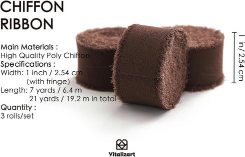 Vitalizart Brown Chiffon Silk Ribbon 1" x 21Yd Fringe Fabric Eco-Friendly Package (3 Rolls *7Yd) for Wedding Invitations Bridal Bouquets Decoratio...
