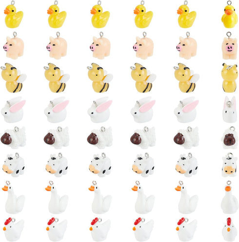 PandaHall 48Pcs 8 Style Resin Charms Cute Animal Pendant Kit Mini Pig Duck Bee Cygnet Chick Rabbit Sheep Calf Findings Charm DIY Farm Theme Pendan...