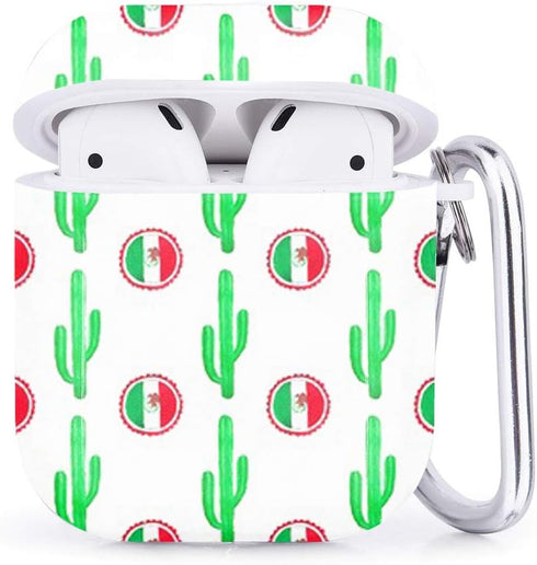 Compatible with Airpods 2 & 1 – Shockproof TPU Gel Portable Protection Soft Case Cover Skin with Carabiner Clip Keychain (Cactus Mexican Flag)...