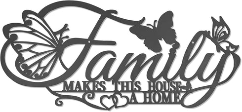 Family Metal Wall Decor Word Sign, Black Family Makes This House A Home Art Butterflies Love Heart Wall Hanging Sculpture, Iron Letters Quotes for...