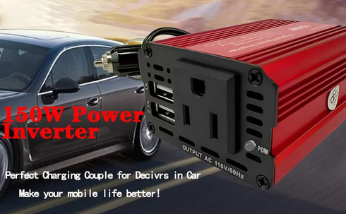 150W red car Power Inverter Converter Plug Adapter 12V to 110V 3.1A Dual USB Outlet for Travel Camping Outdoor All Smartphones Road Trips with Fas...