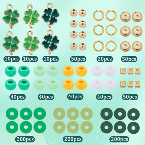 SUNNYCLUE 961Pcs St Patrick's Day Charms 8mm Pony Beads Round Opaque Polymer Clay Heishi Flat Disc Beads Enamel Four Leaf Clover Charms Irish Sham...