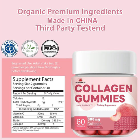 YiLing Suger Free Hydrolyzed Collagen Gummies with Vitamin C, E and Biotin & Vitamin for Women Men Healthy Skin Hair Nails, Beauty Support, Collag...