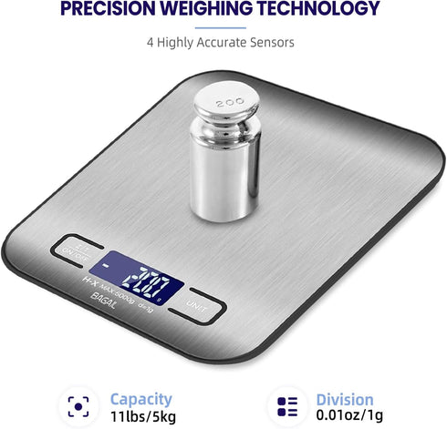 BAGAIL BASICS Digital Kitchen Scale, Premium Stainless Steel Food Scales Weight Grams and Oz for Baking and Cooking, 11lb/5kg with 0.1oz/1g Precis...