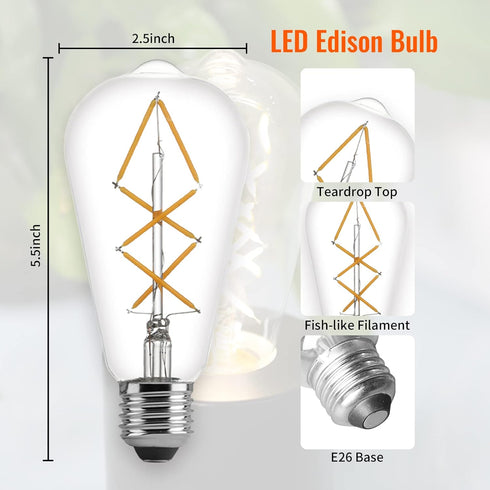 Fishbone Filament LED Edison Bulbs, 60 Watt Equivalent ST64 E26 Dimmable vintage Light Bulbs, 600Lumen 4000K Daylight White Spiral Old Fashioned L...