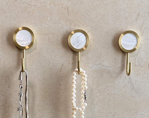 Solid Brass Decorative Wall Hook, Self-Adhesive Hole Free Wall Mount, Shining Gold Fancy Hook (Seashell White–Pack of 2)...