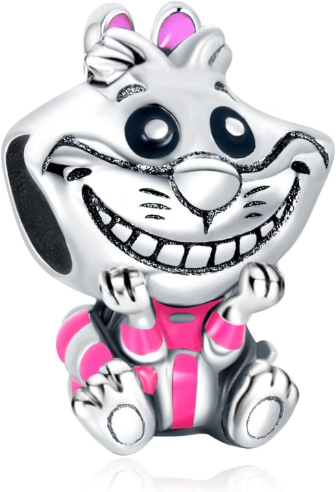 Cheshire Cat Charms 925 Sterling Silver Grin Meow Bead with Purple Enamel for Bracelets...