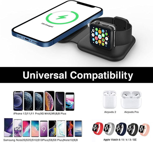 NemaTech Foldable & Portable Mobile 2-in-1 Wireless Charging Station, Fast Charging for Apple Watch, AirPods, iPhone 14/13/12/11/XR, Samsung Galax...