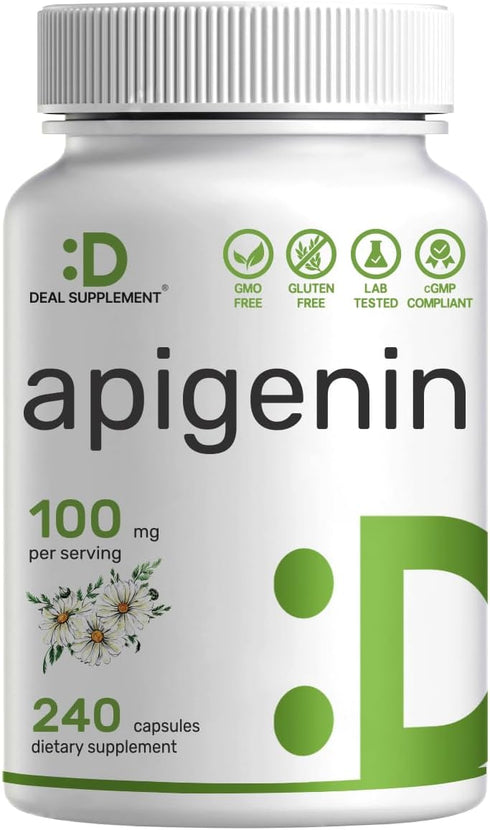 Apigenin, 100mg Per Serving, 240 Capsules – Raw Plant Extract from Chamomile Flower – Active Bioflavonoids & Antioxidants – Sleep & Relaxation Sup...