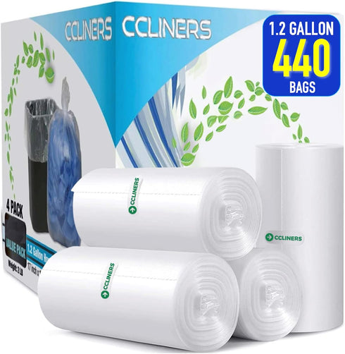 1.2 Gallon (5 Liter) Small Trash Bags (440 Count) Bathroom Garbage Bags 1 Gallon Clear Plastic Wastebasket Can Liners for Home and Office Bins, 44...