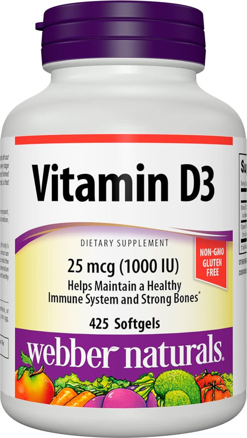 Webber Naturals Vitamin D3 Softgel, 1,000 IU, 425 Count, for Immune heath and support for The development and maintenance of bones and teeth, Non ...