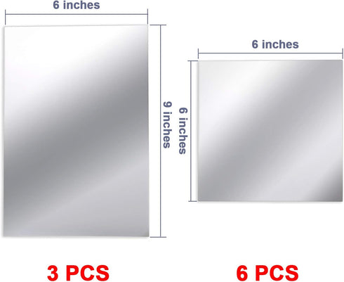 BBTO 9 Pieces Adhesive Craft Mirrors 6 x 9 Inches, 6 x 6 Inches Acrylic Mirror Tiles Small Rectangular Stick on Flexible Self Adhesive Non Glass P...
