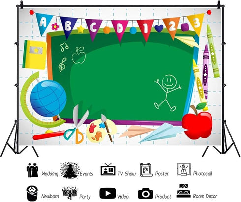Leyiyi 5x3ft Vinyl Photography Background Welcome to Kindergarten Backdrop ABC Letters Blackboard Watercolor Pen Paper Airplane Globe Back to Scho...